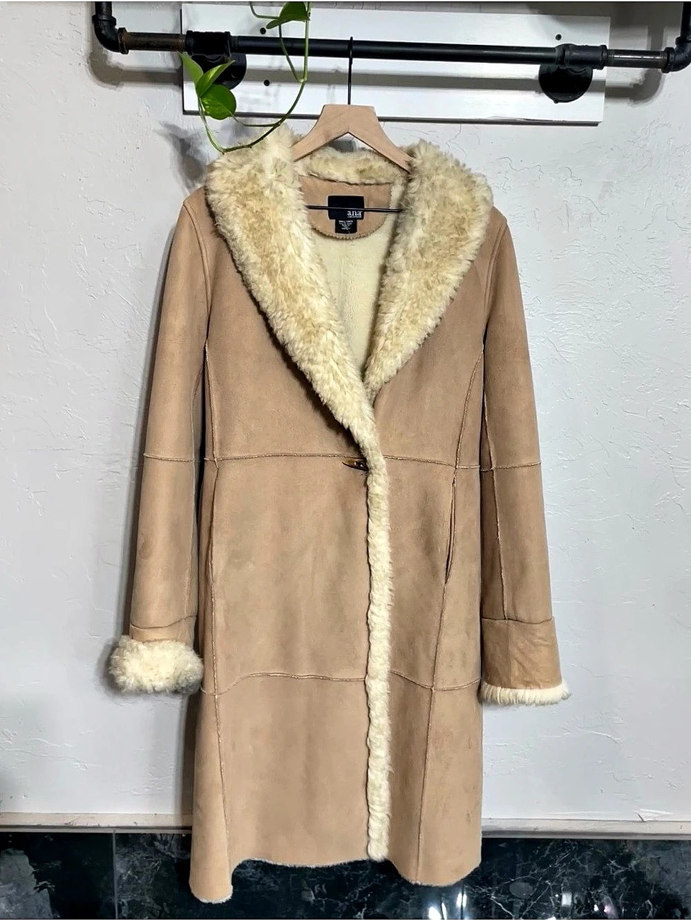 Vintage Y2K ANA Faux Suede Coat with Faux Fur Trim, Penny Lane Midi Length,